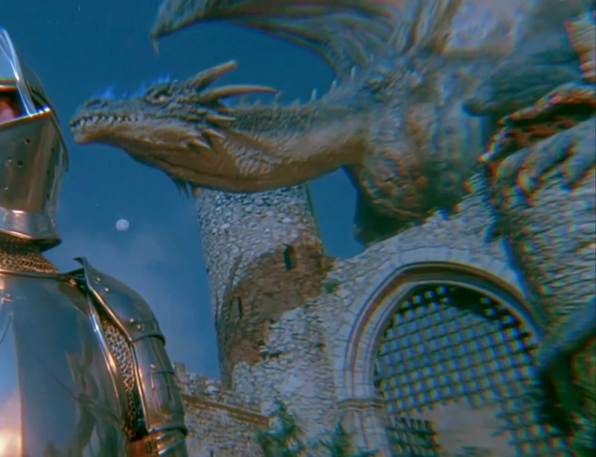 VHS dragon flying above a burning fantasy castle